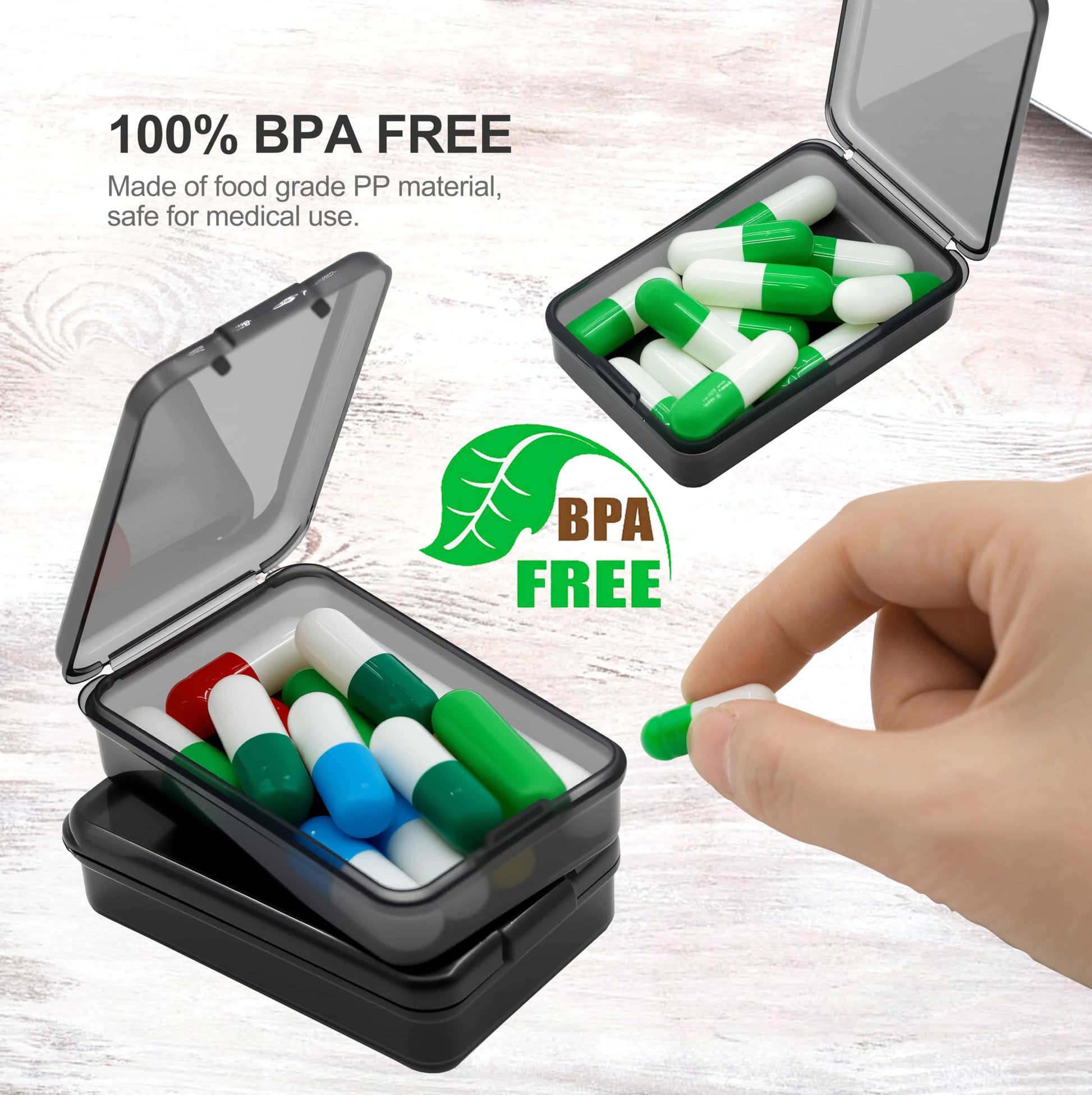 Six pack stackable travel medicine dispensers demonstrating their compact dimensions.