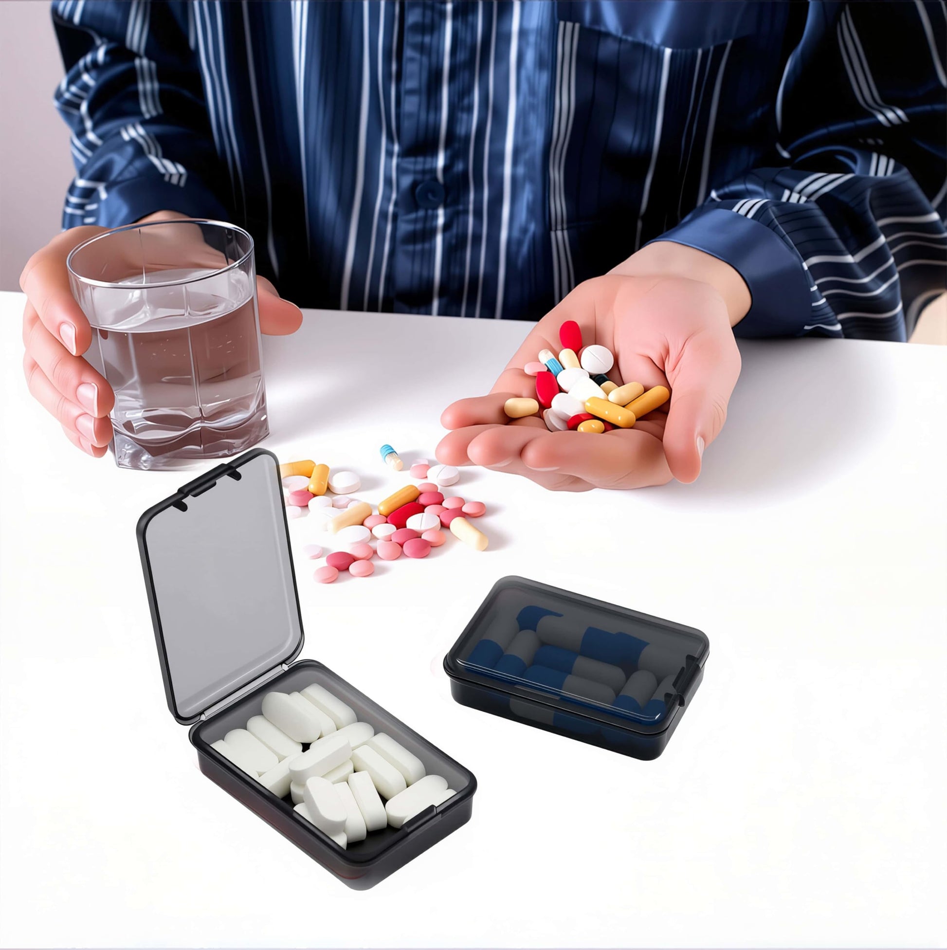 Water resistant food grade plastic pill holders for daily health management.