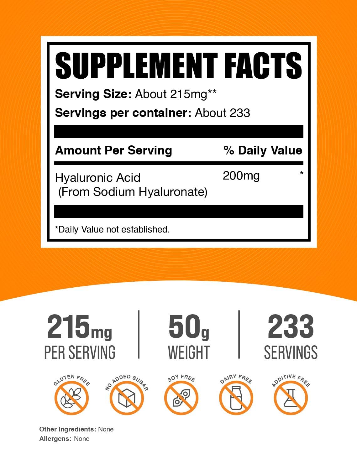 BulkSupplements Hyaluronic Acid Powder Supplement Facts Label