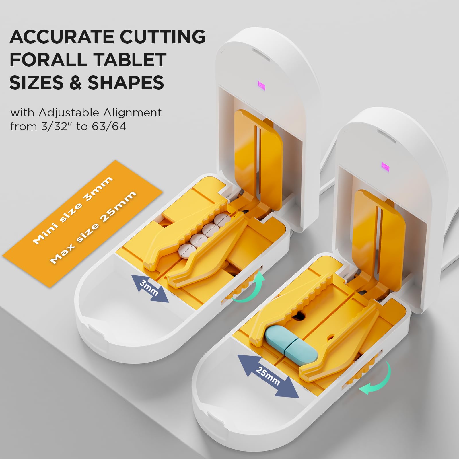 ViLoSa medical tablet splitter open lid view showcasing the sharp triple-layer stainless steel cutting blade and safety guard.
