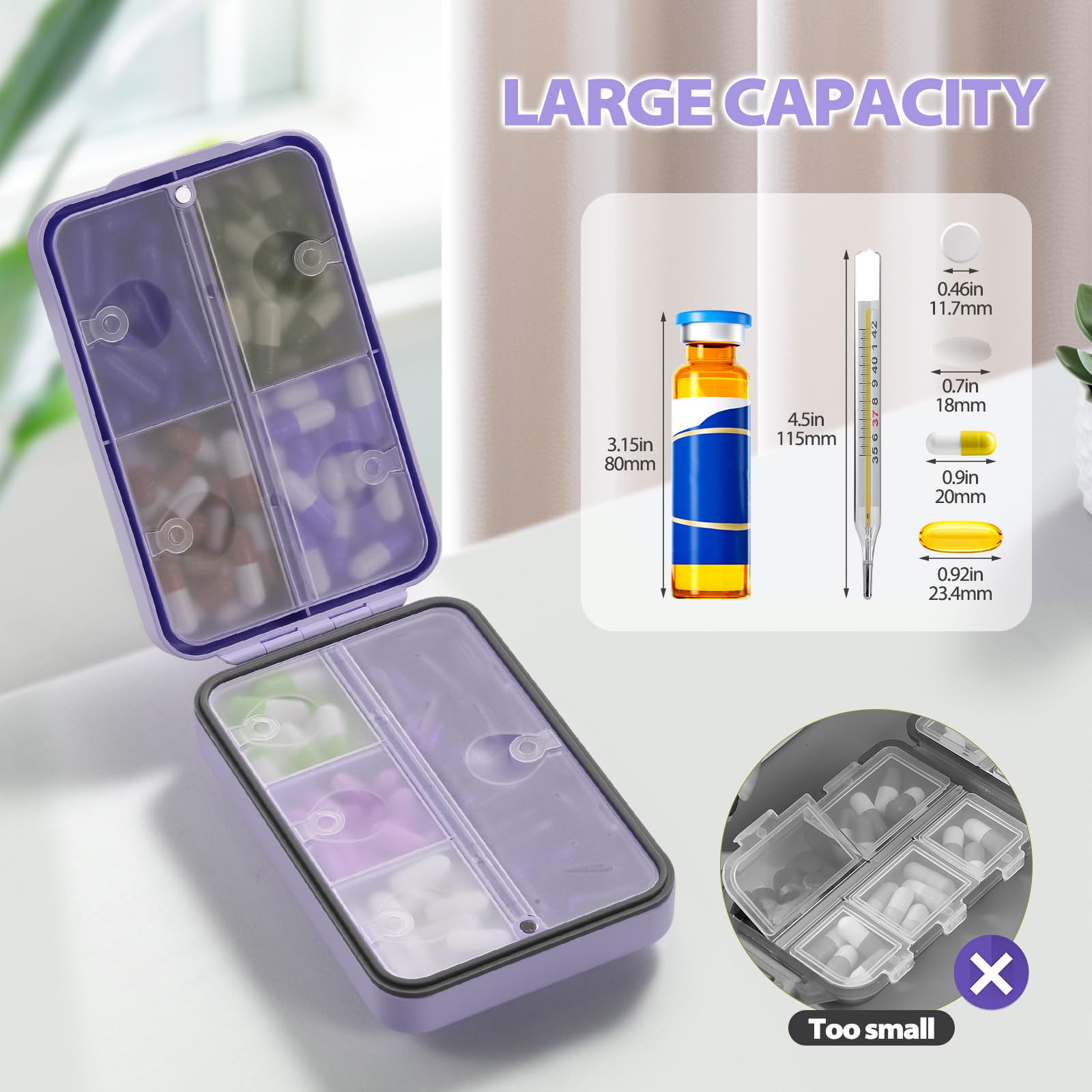 OUVBTX weekly pill box open view displaying eight large compartments filled with daily vitamins and supplements