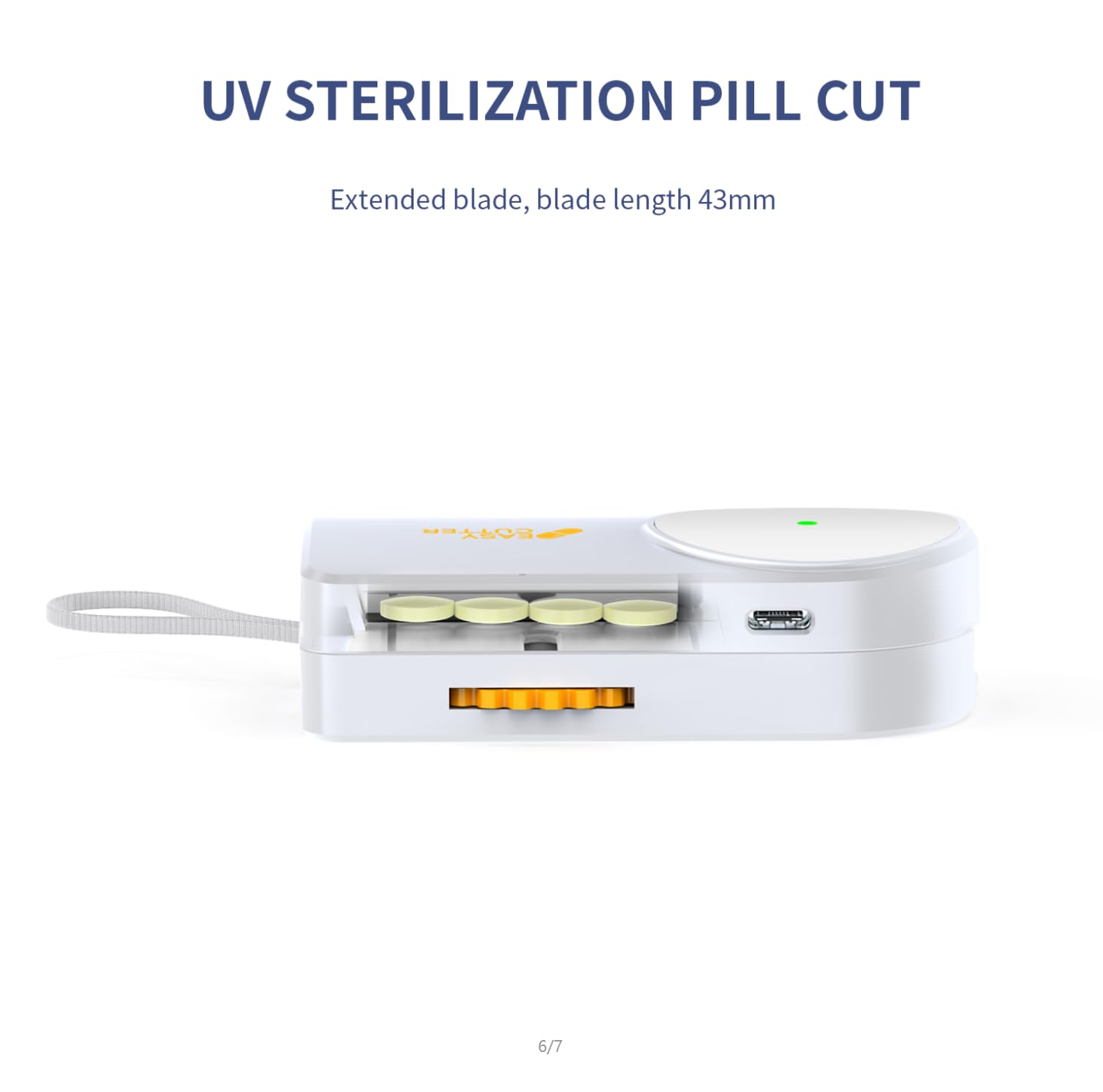 ViLoSa orange pill splitter showing a precise splinter free half cut on a prescription tablet without any crumbling.