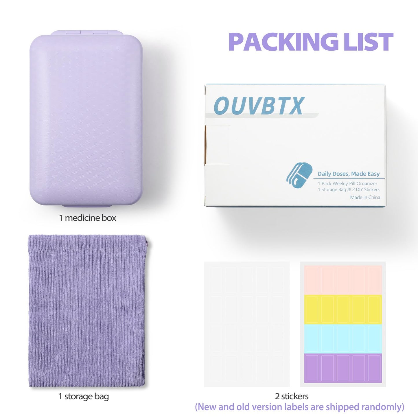 OUVBTX weekly daily pill case packaged with its included sheet of blank labels for easy organization