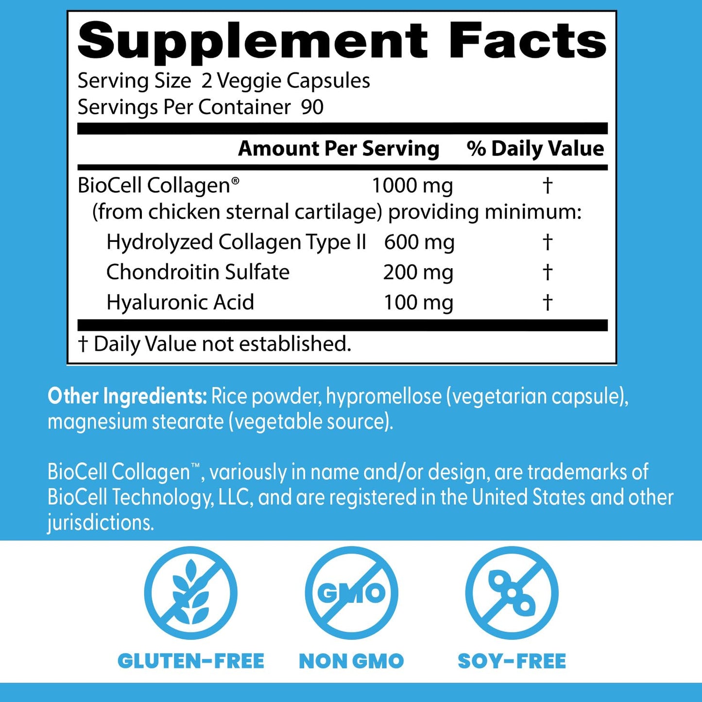 Doctor's Best BioCell Collagen Capsules Bottle Side Panel