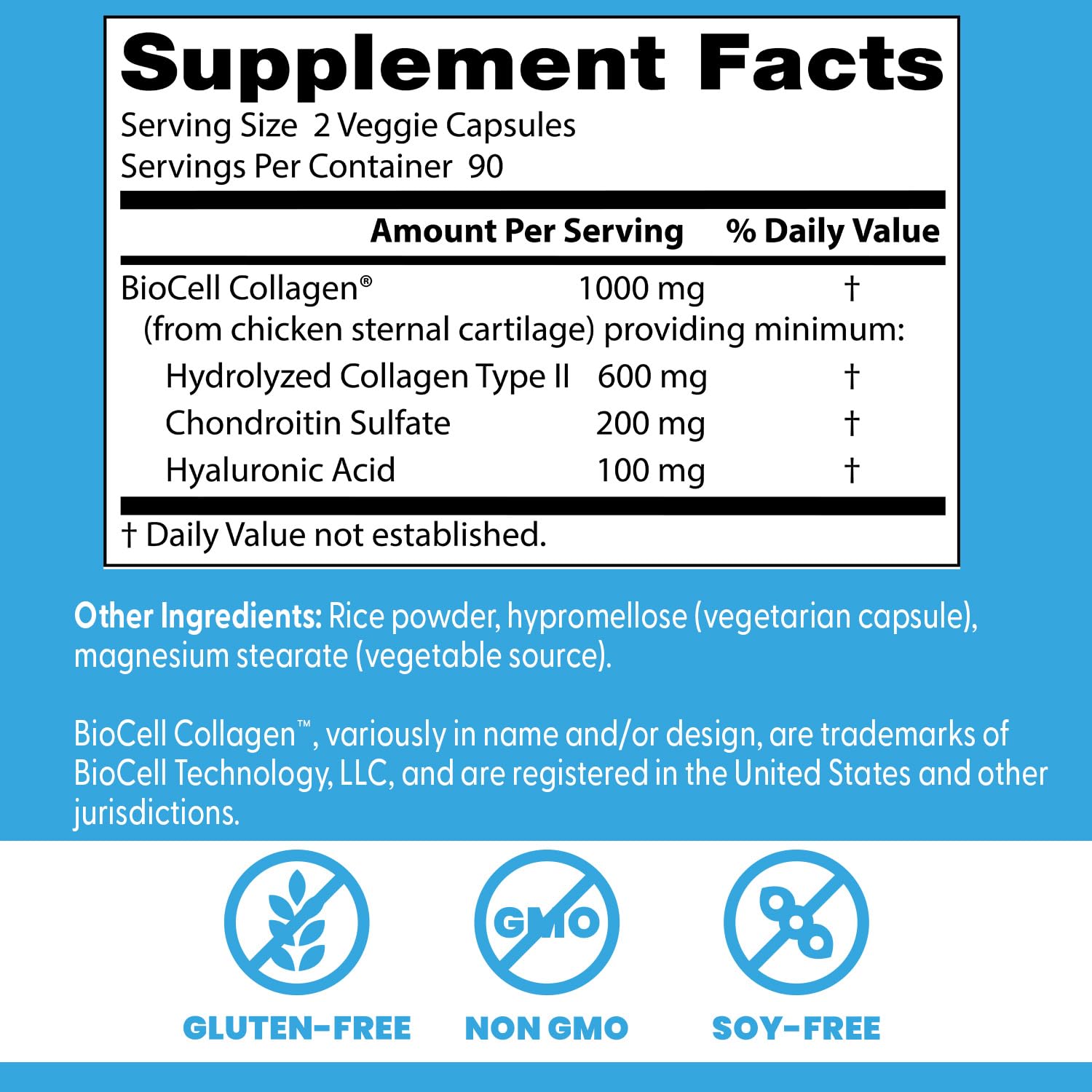Doctor's Best BioCell Collagen Capsules Bottle Side Panel