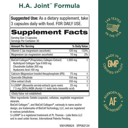Purity Products HA Joint Formula supplement facts label