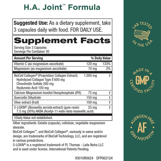 Purity Products HA Joint Formula supplement facts label