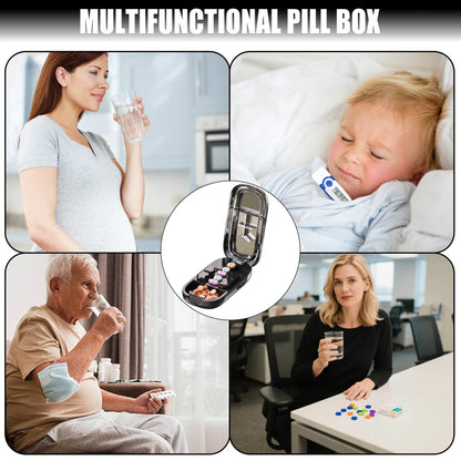 Compact pocket sized medication splitter shown next to daily travel items