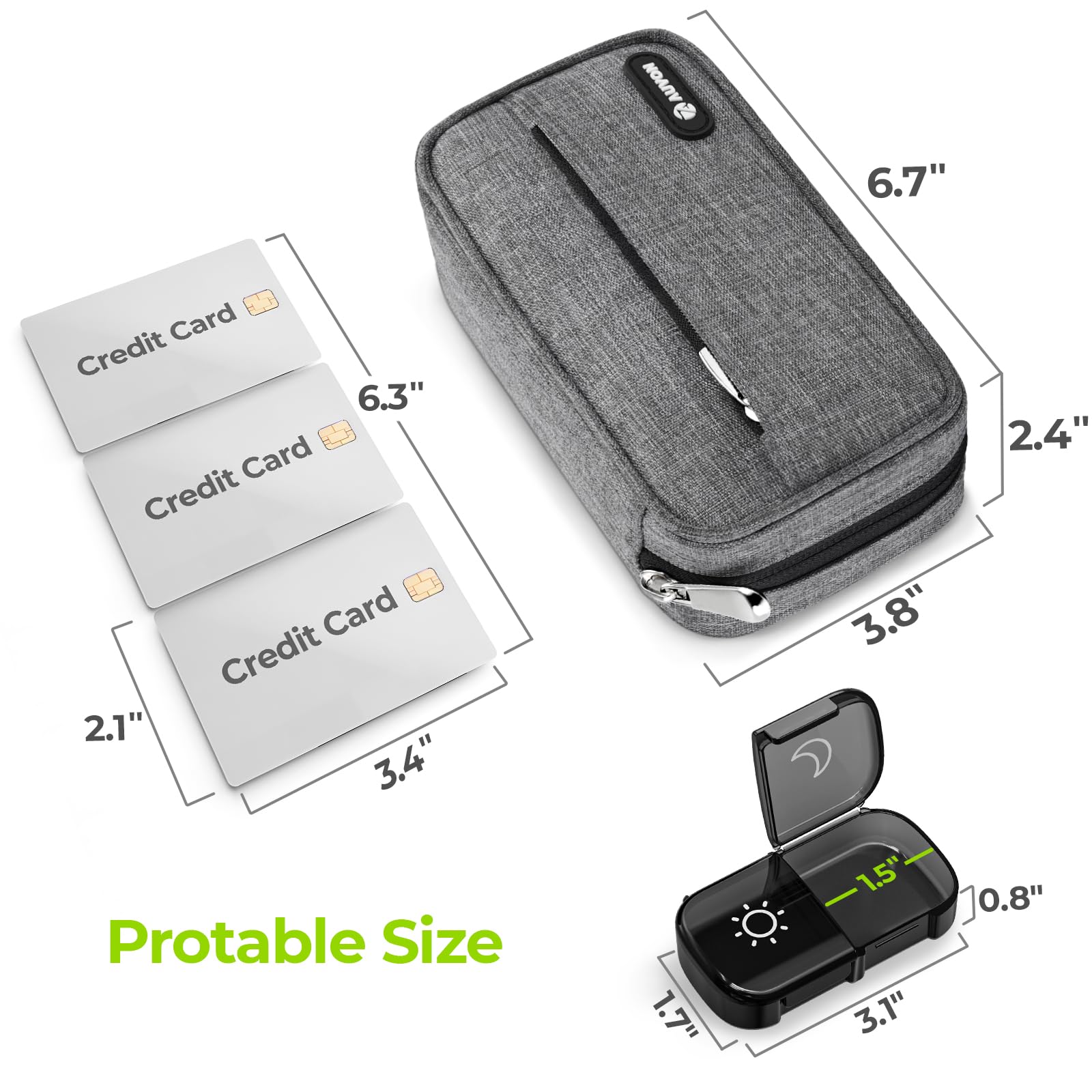 AUVON portable daily supplement box with visible sun and moon icons