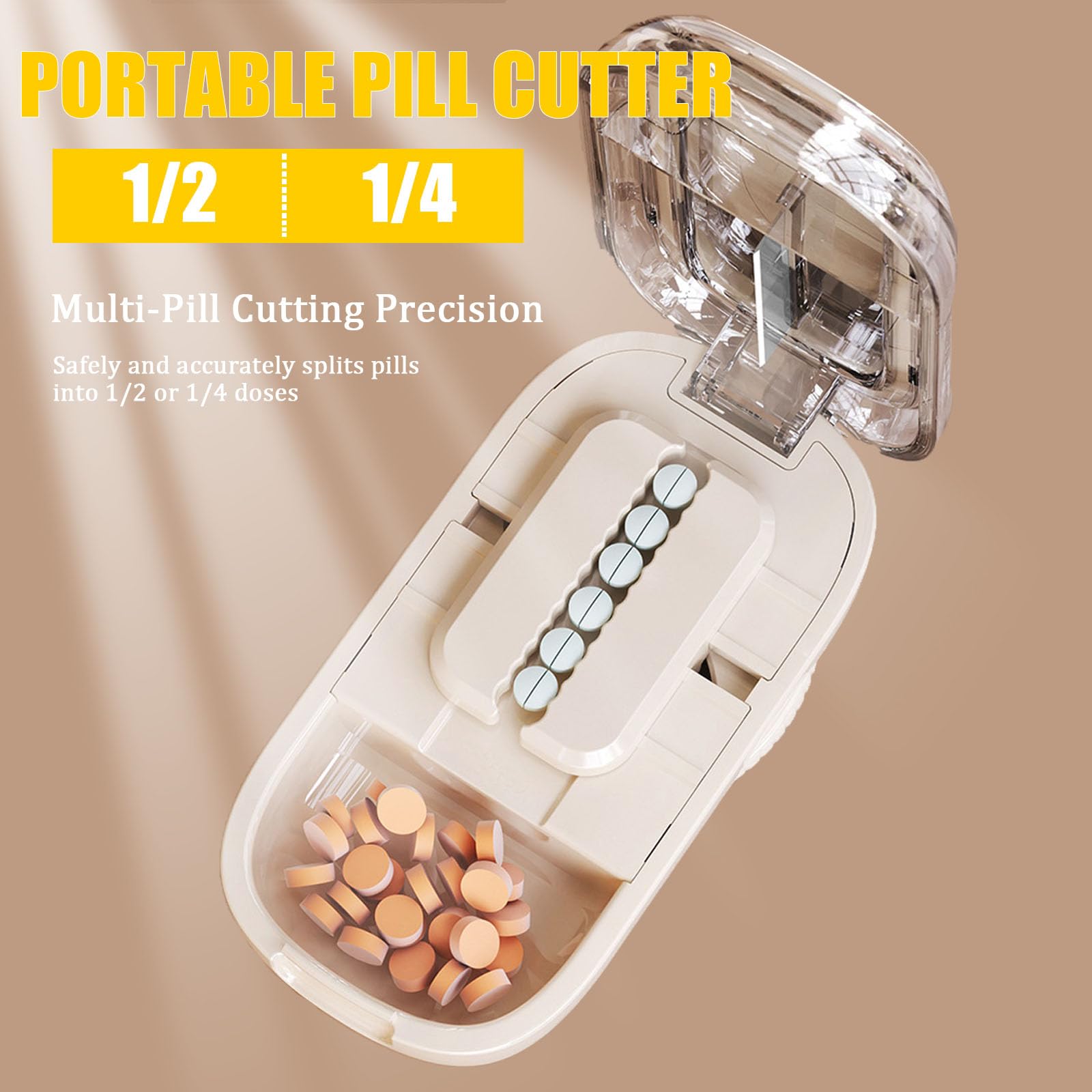 Open tablet splitter showcasing the premium stainless steel blade and adjustable alignment guides.
