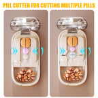 Close up view of the built in medicine storage compartment containing split tablet halves.