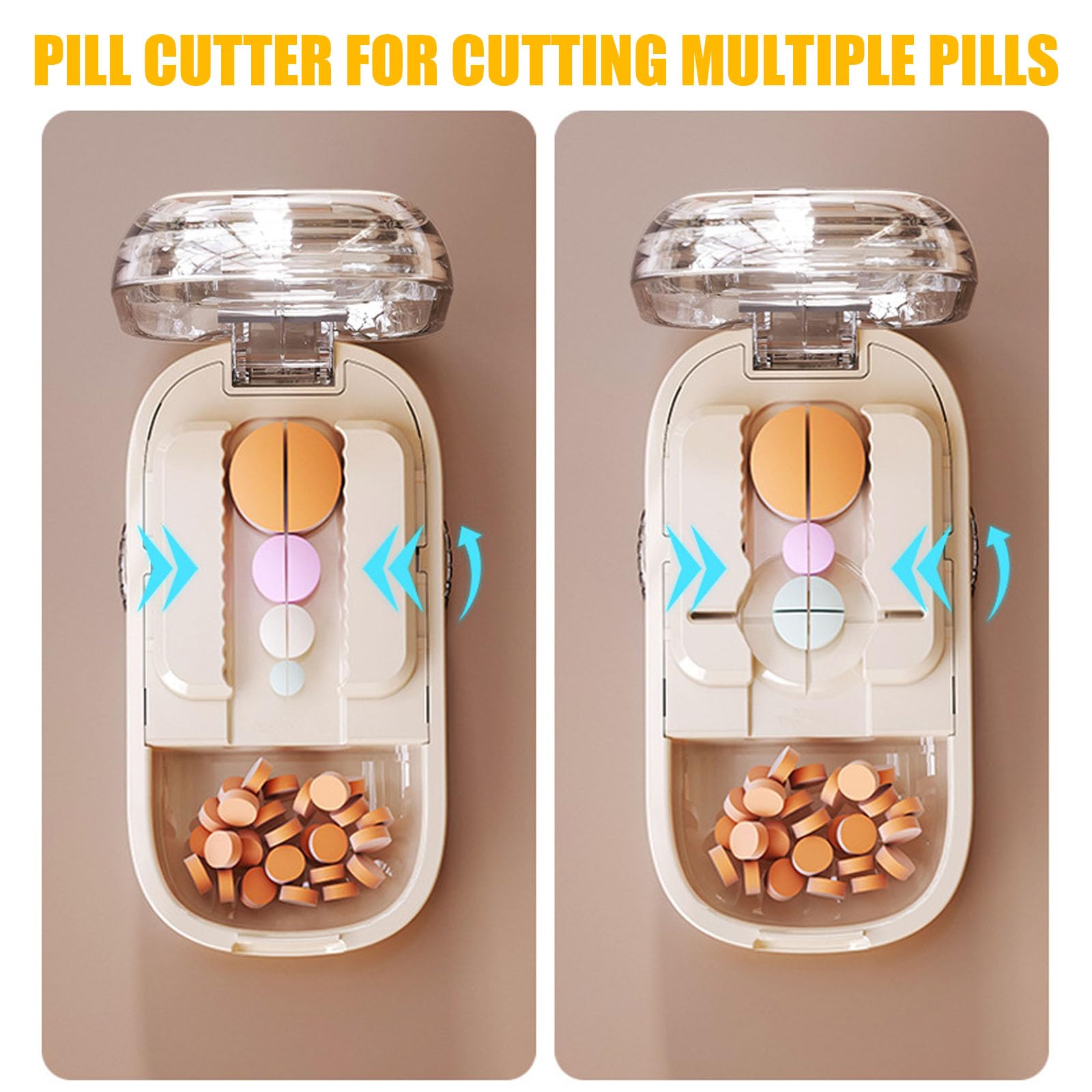 Close up view of the built in medicine storage compartment containing split tablet halves.