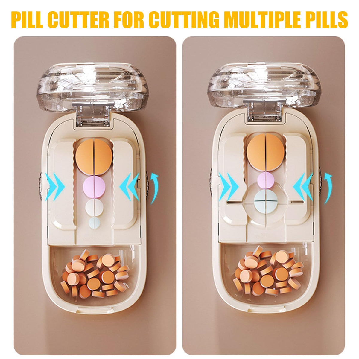 Close up view of the built in medicine storage compartment containing split tablet halves.