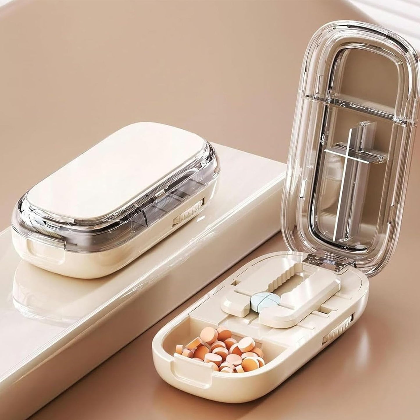 Side view of the portable travel pill organizer being pressed for accurate daily dosing.