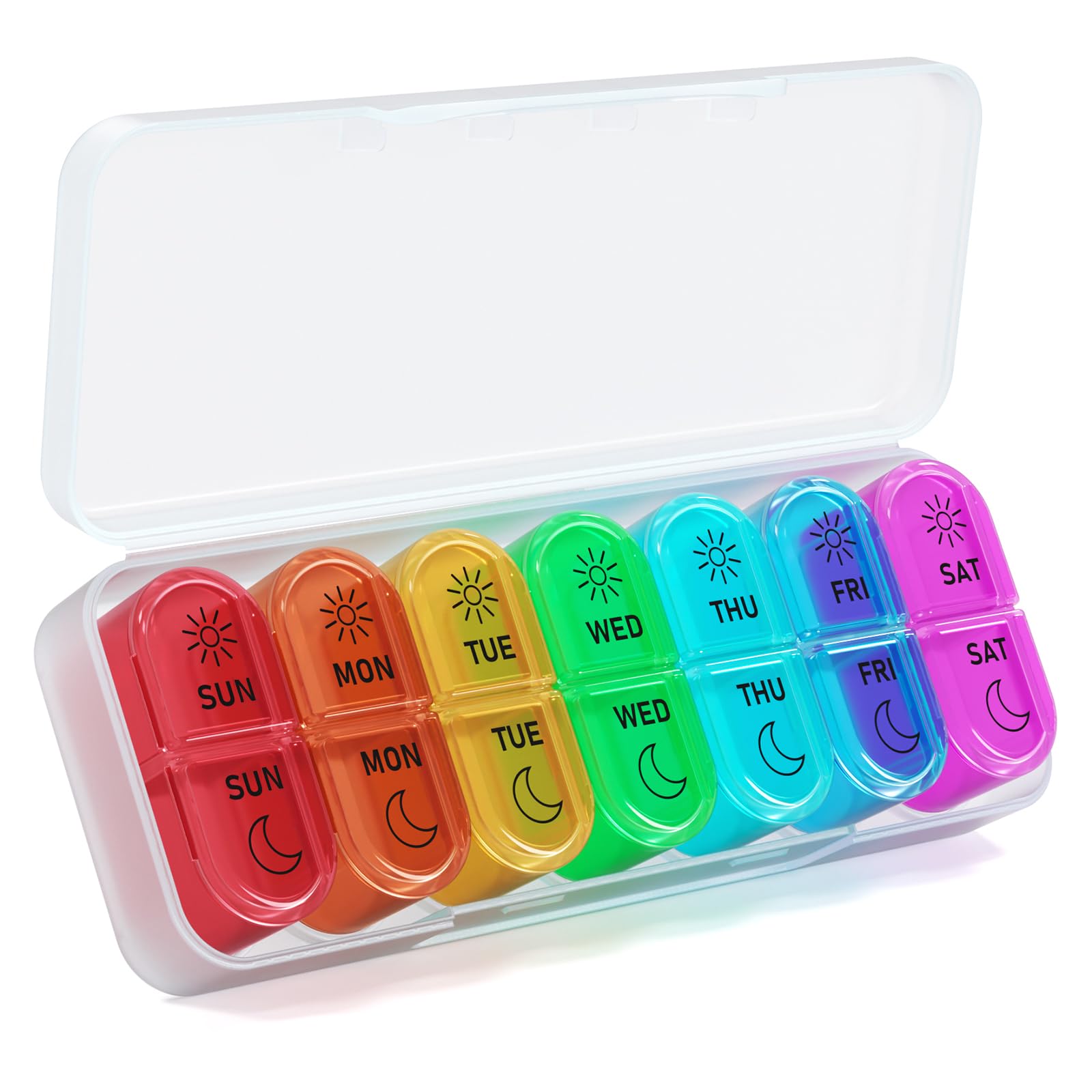 Windtrace seven day travel pill planner showing push button pop up lids opening