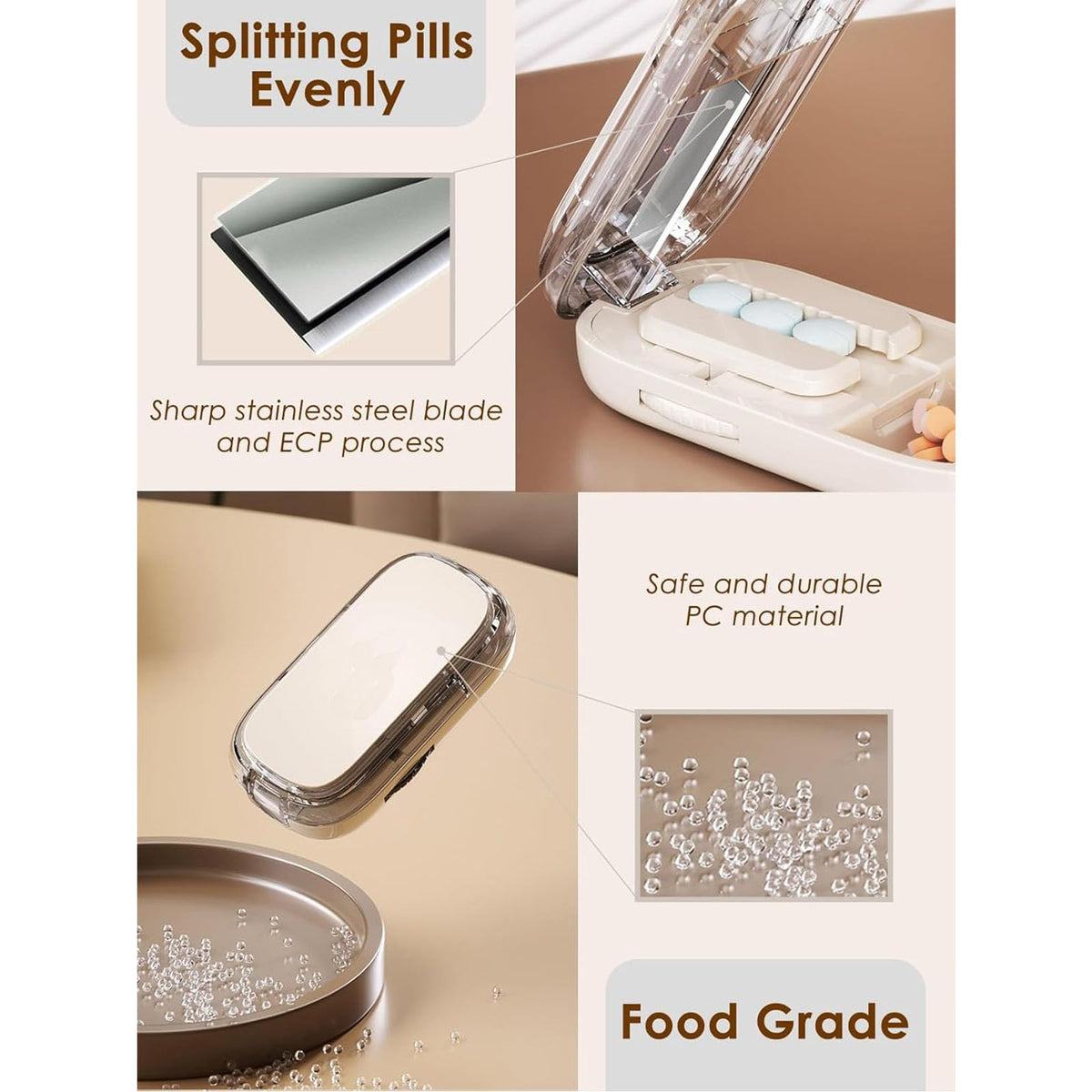 Lifelong white medicine splitter being held to demonstrate its lightweight and pocket friendly size.