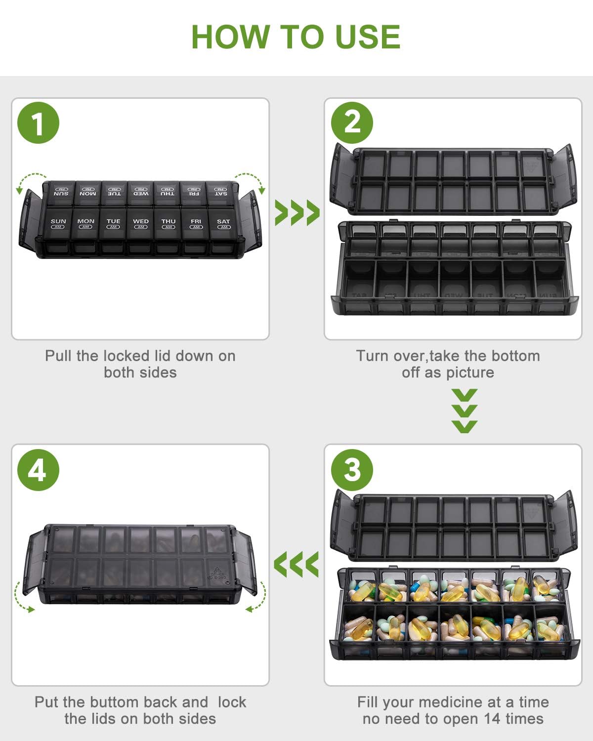 Sukuos quick fill daily pill box open lid layout demonstrating large capacity storage.