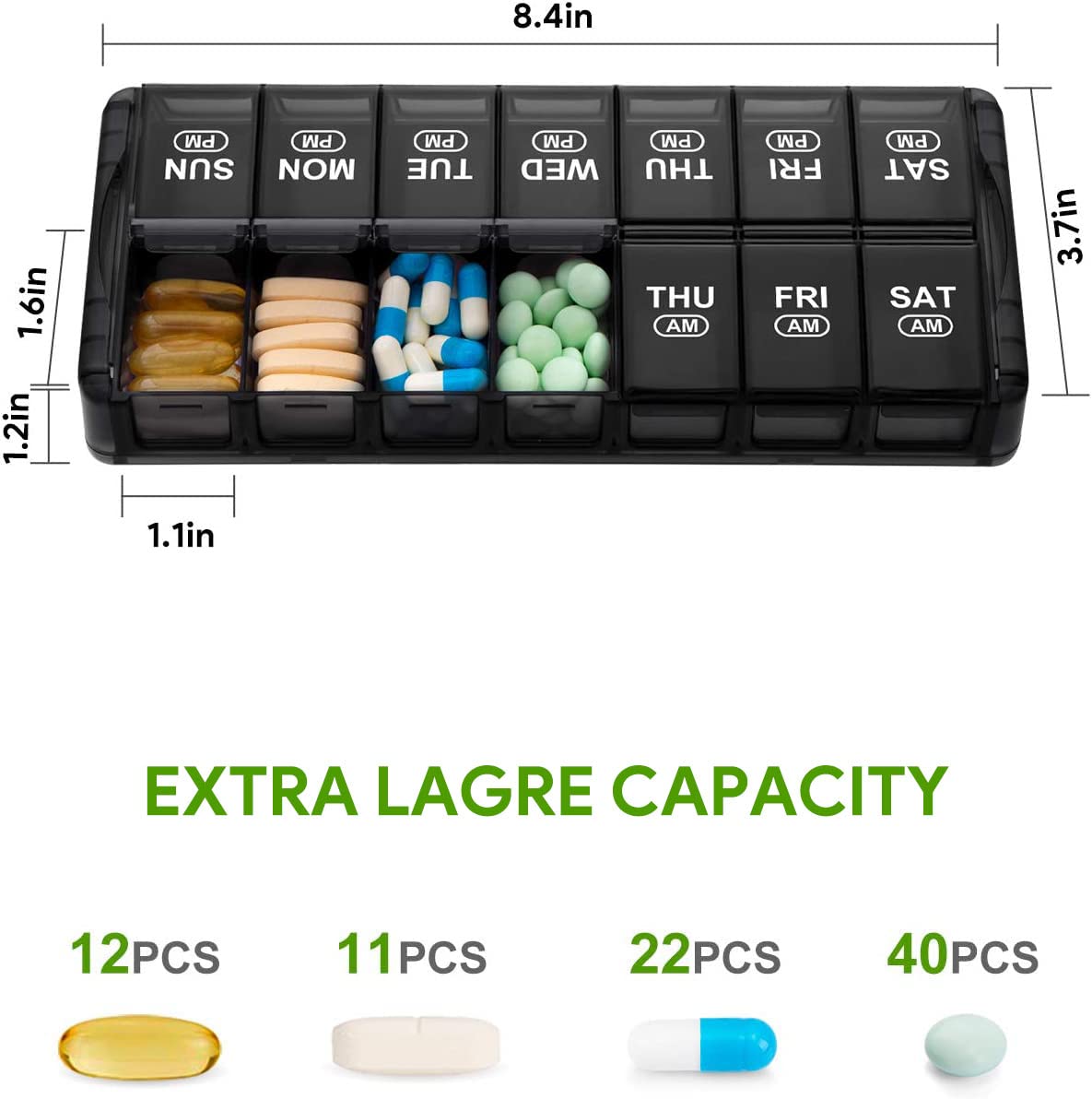 Sukuos extra large medicine case highlighting arthritis friendly easy open push buttons.
