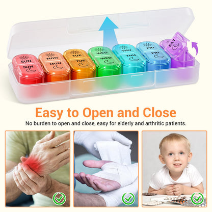 Compact travel pill storage case fitting easily inside a person's everyday carry bag