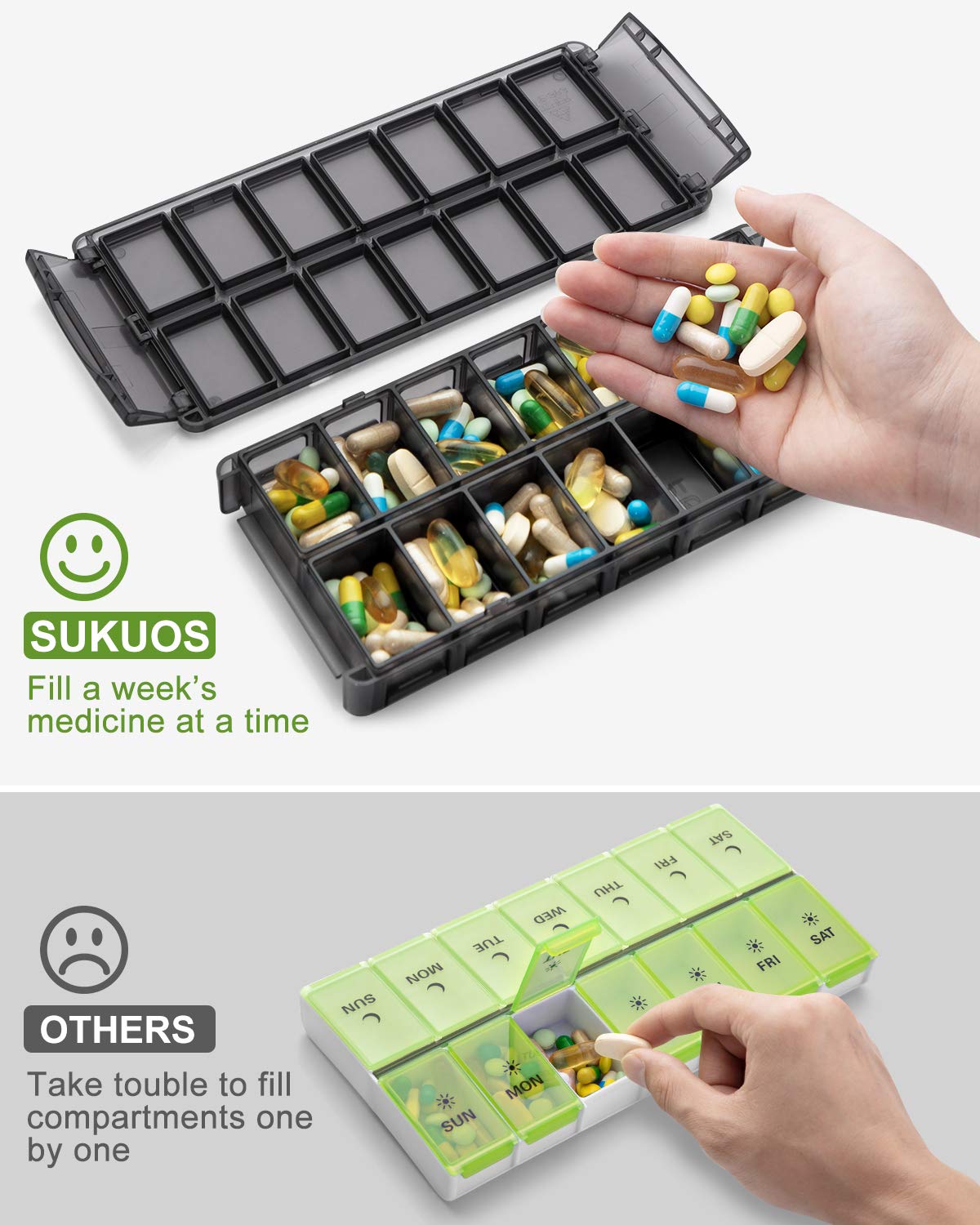 Sukuos 14 compartment vitamin holder displaying secure snap shut lids for travel.