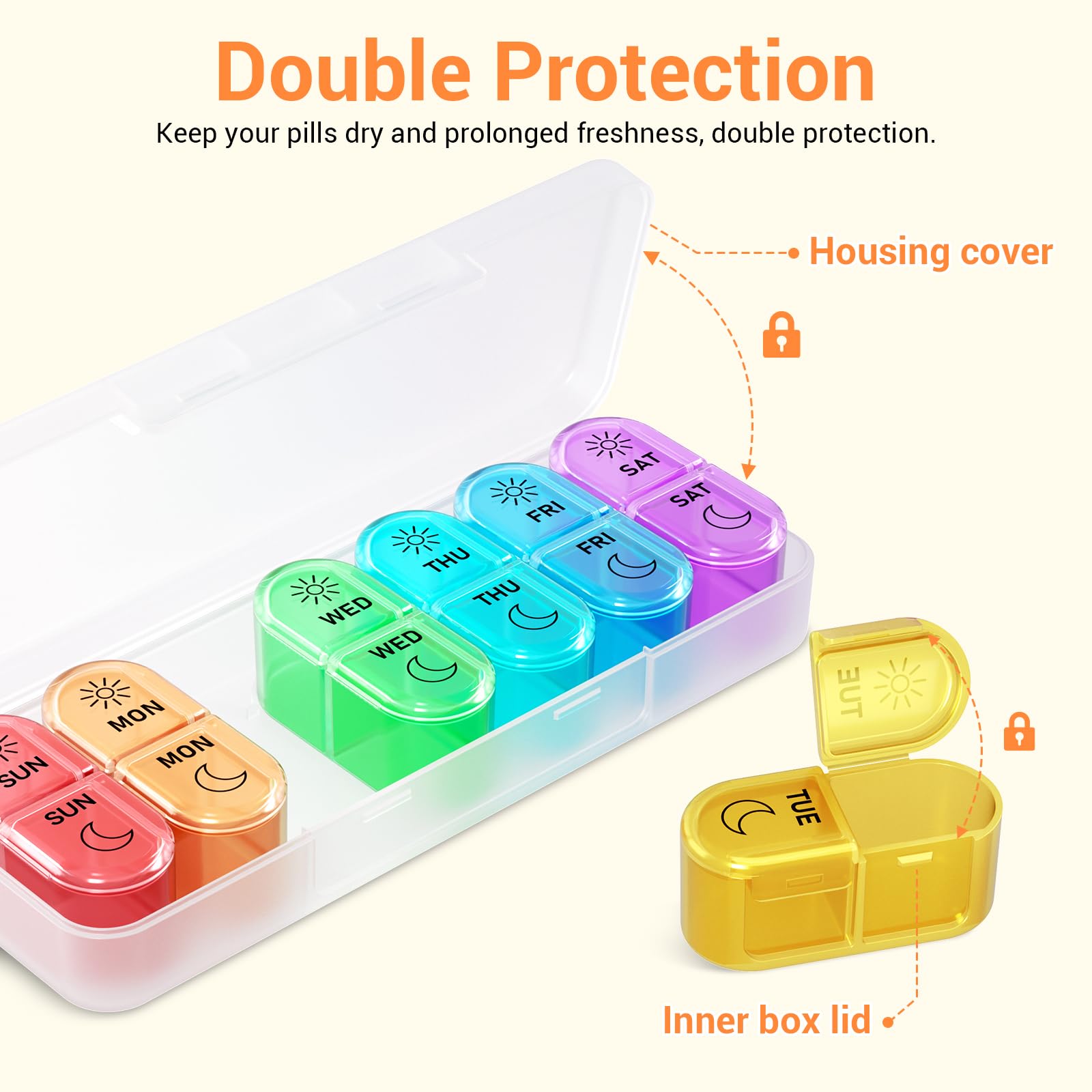 Secure snap shut lids on the windtrace medicine organizer preventing accidental pill spillage