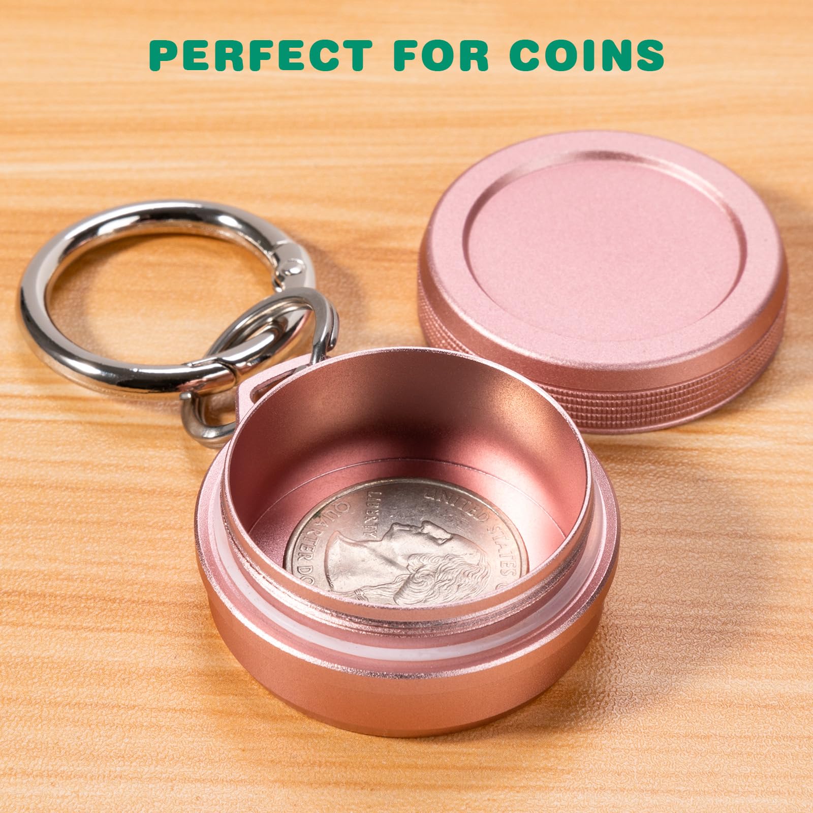 Mini purse pill box showing the textured screw lid and spring clip