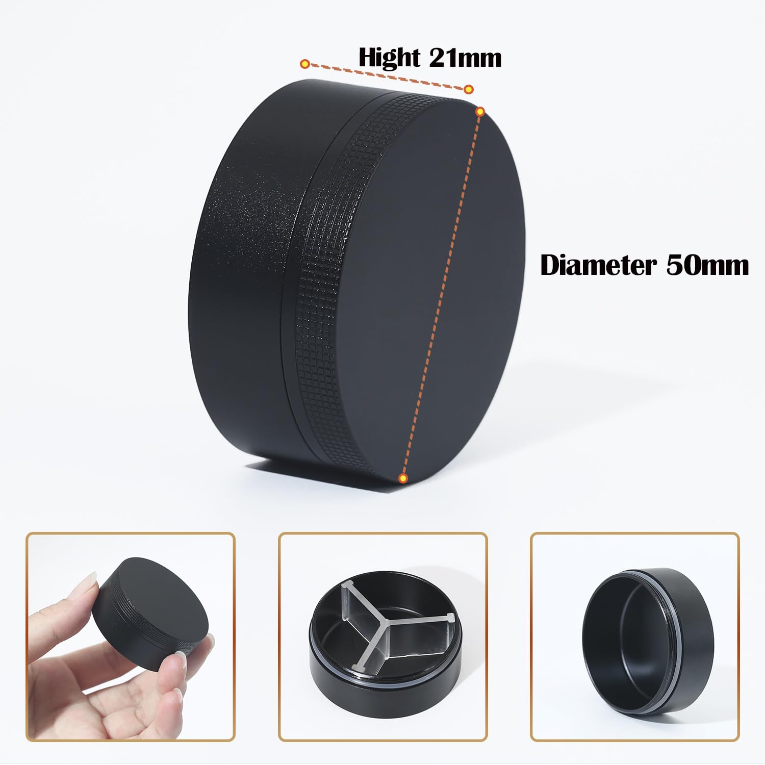 LightOnIt portable round aluminum pill box with lid open showing three separate internal medicine sections