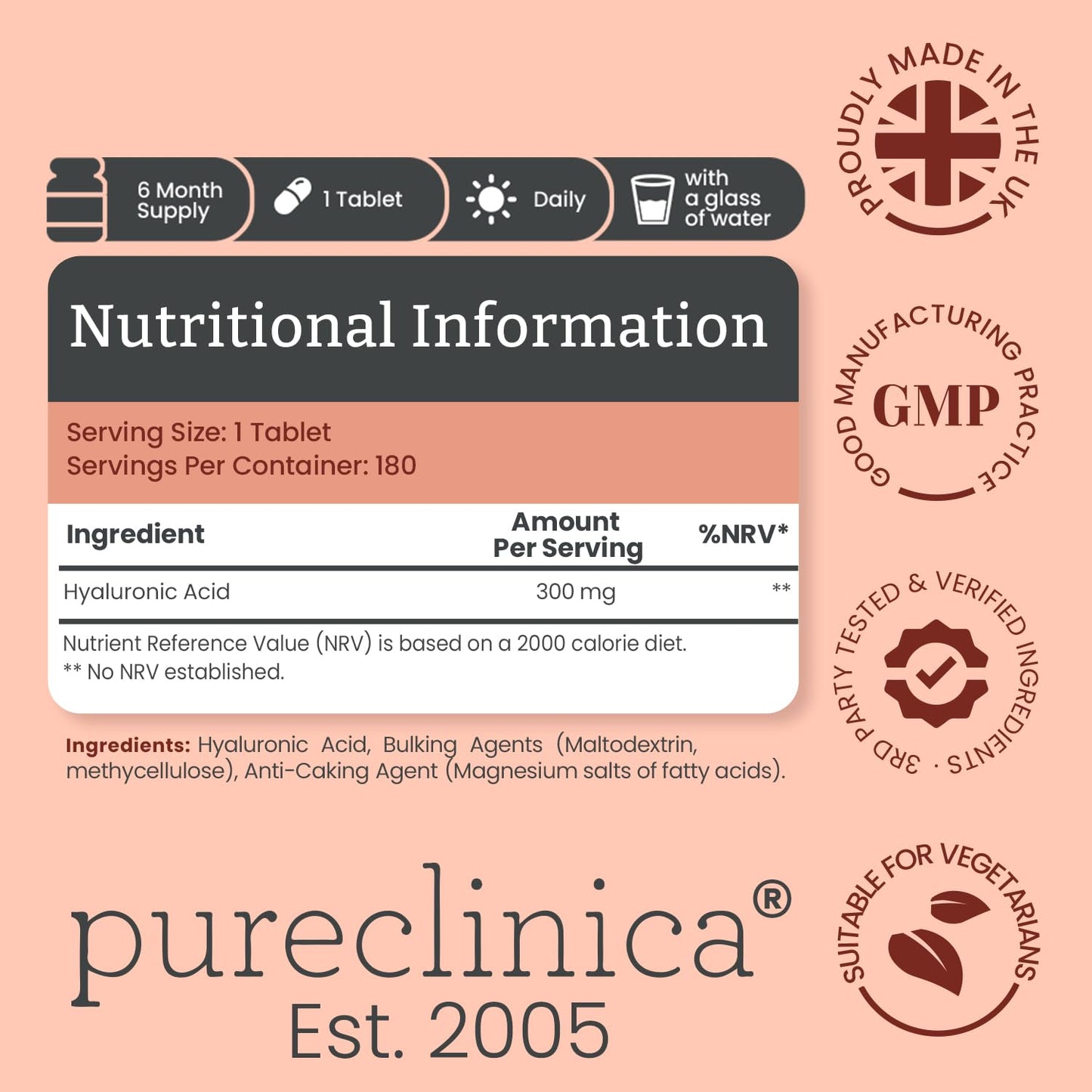 Pureclinica Hyaluronic Acid 300mg Supplement Bottle Ingredients Label