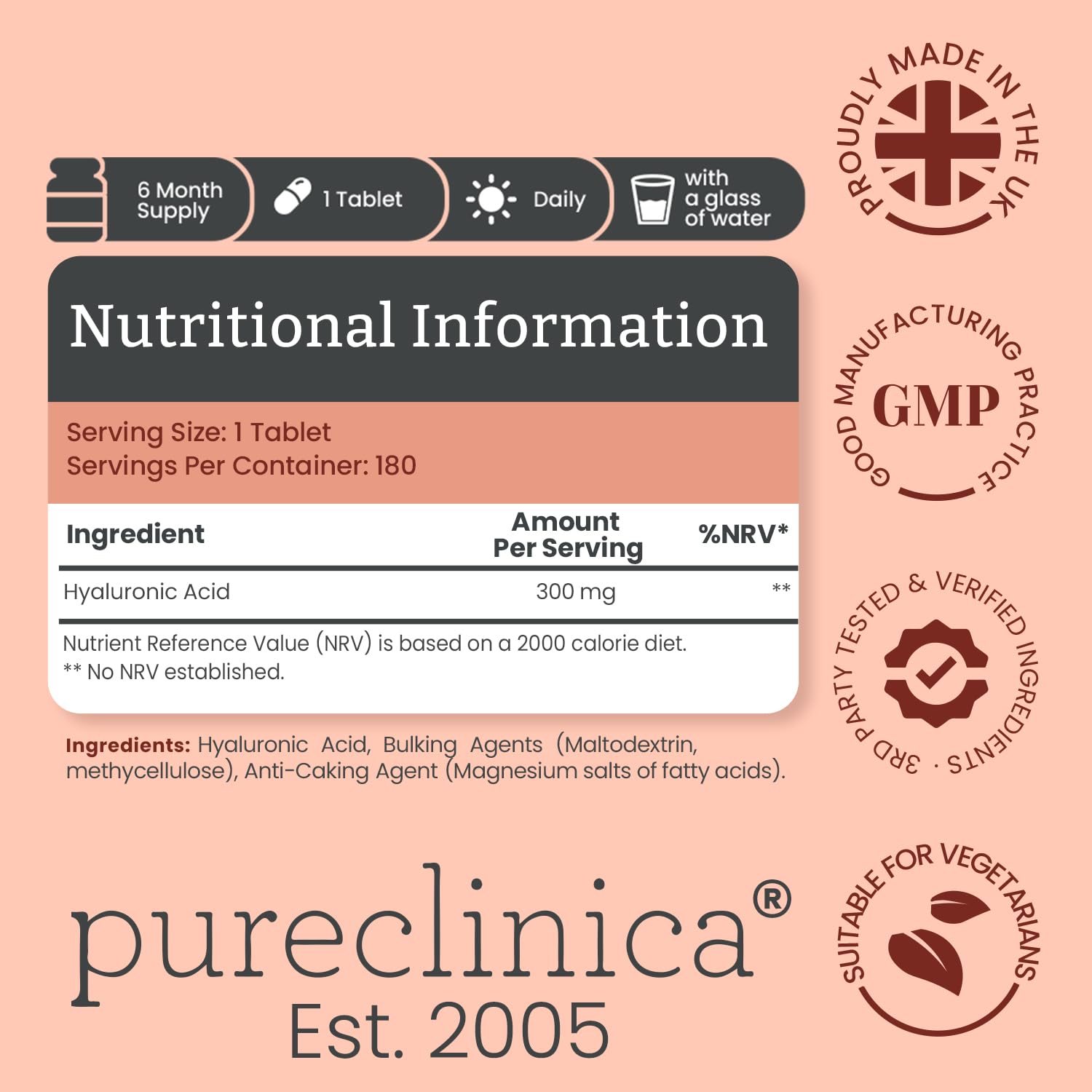 Pureclinica Hyaluronic Acid 300mg Supplement Bottle Ingredients Label