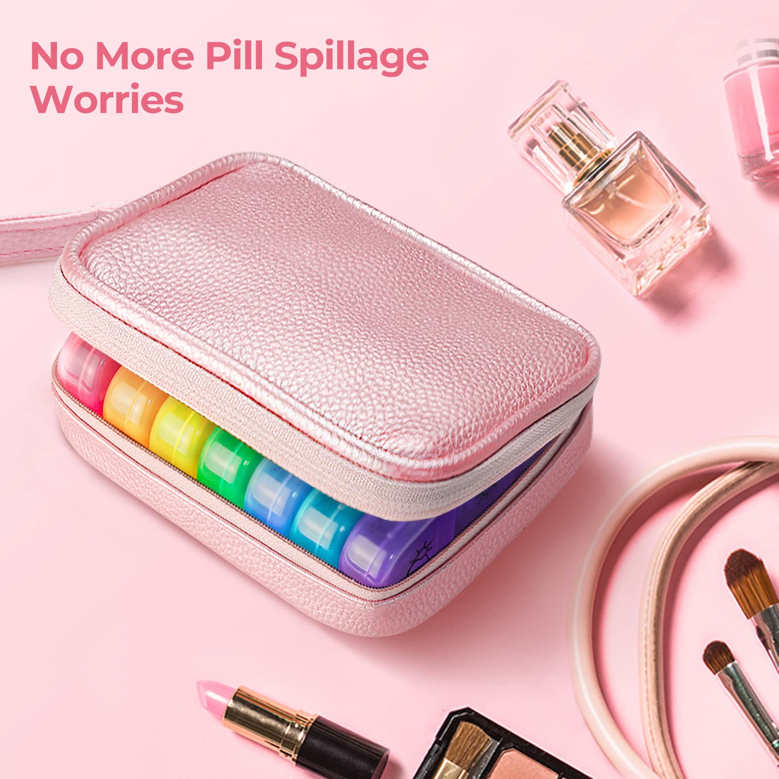 AMOOS weekly travel medicine box with seven rainbow colored daily containers pulled out
