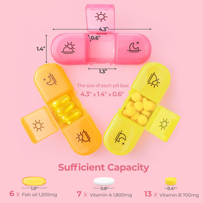 AMOOS portable capsule and supplement holder showcasing morning noon night compartments