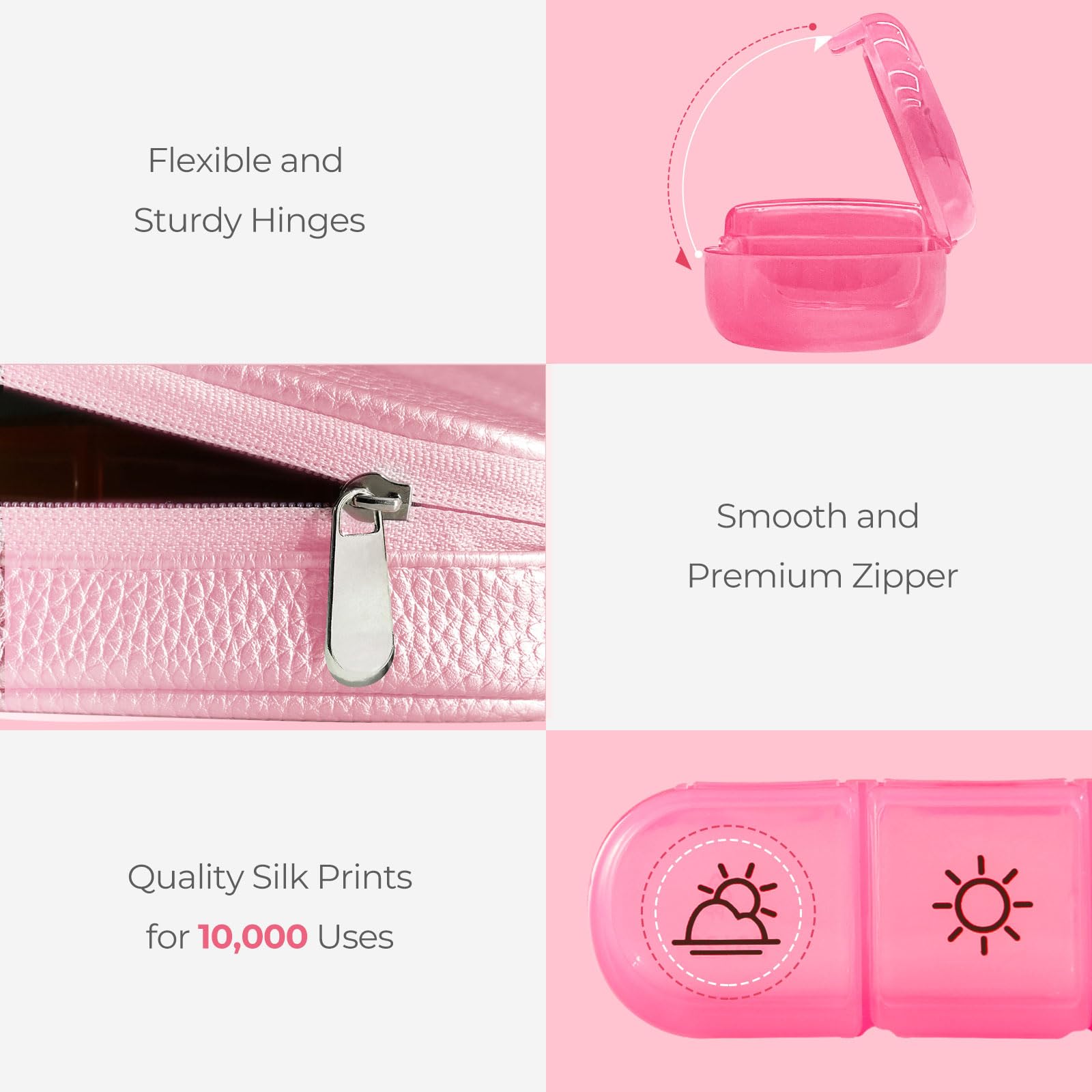 AMOOS pink leather pill case for women open to show large capacity sections
