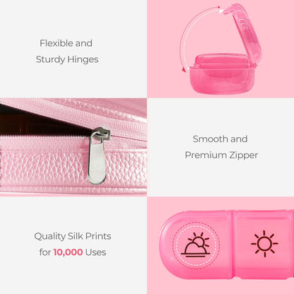 AMOOS pink leather pill case for women open to show large capacity sections