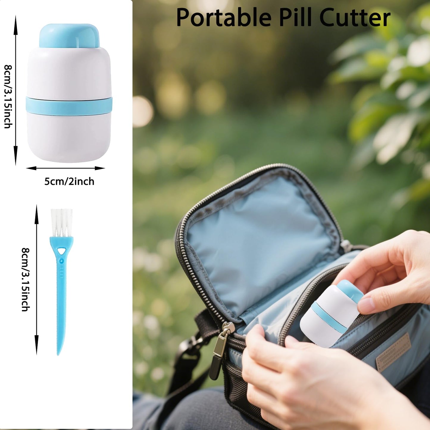Veroral blue pill cutter with included mini cleaning brush