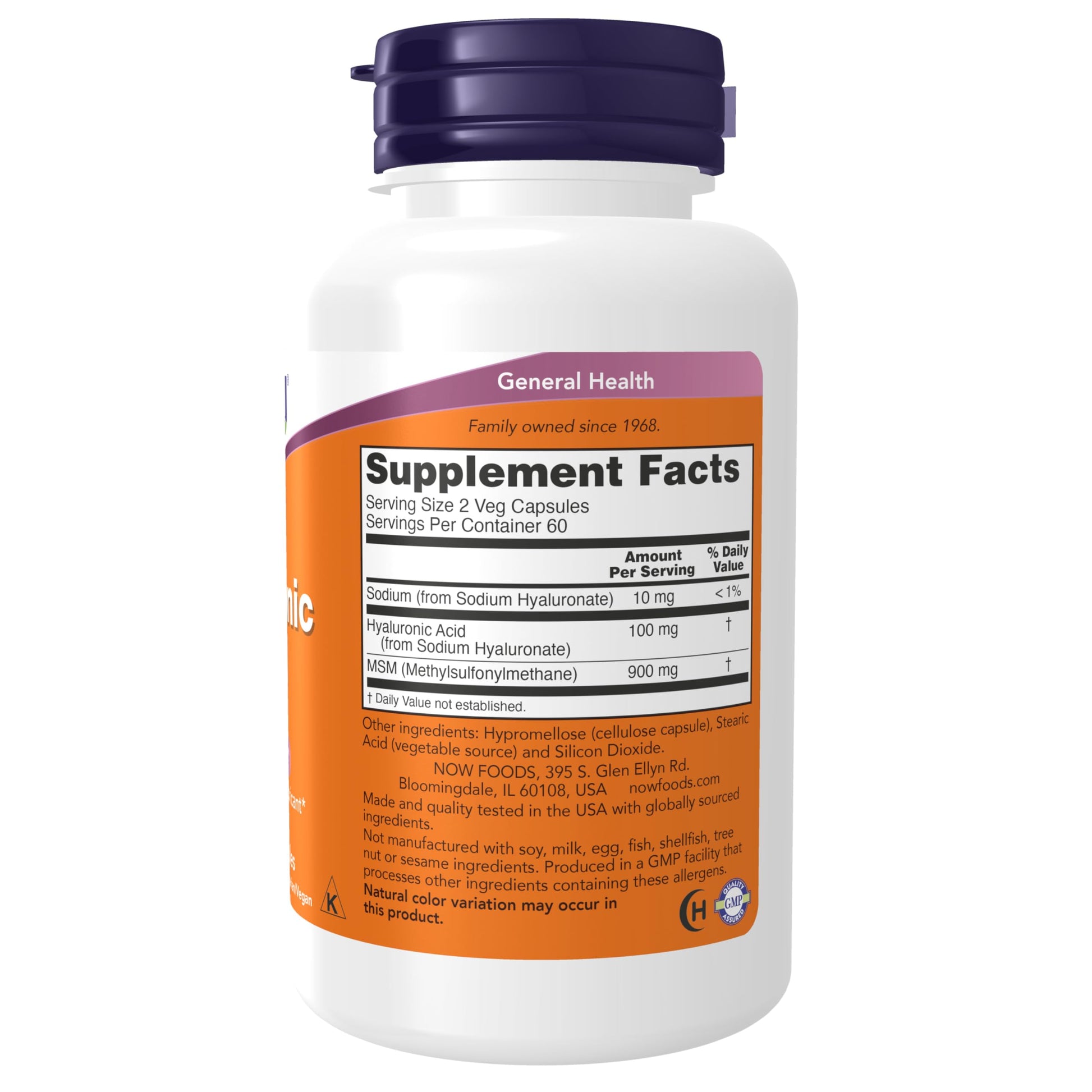 Now Foods Hyaluronic Acid with MSM Supplement Bottle Label Details