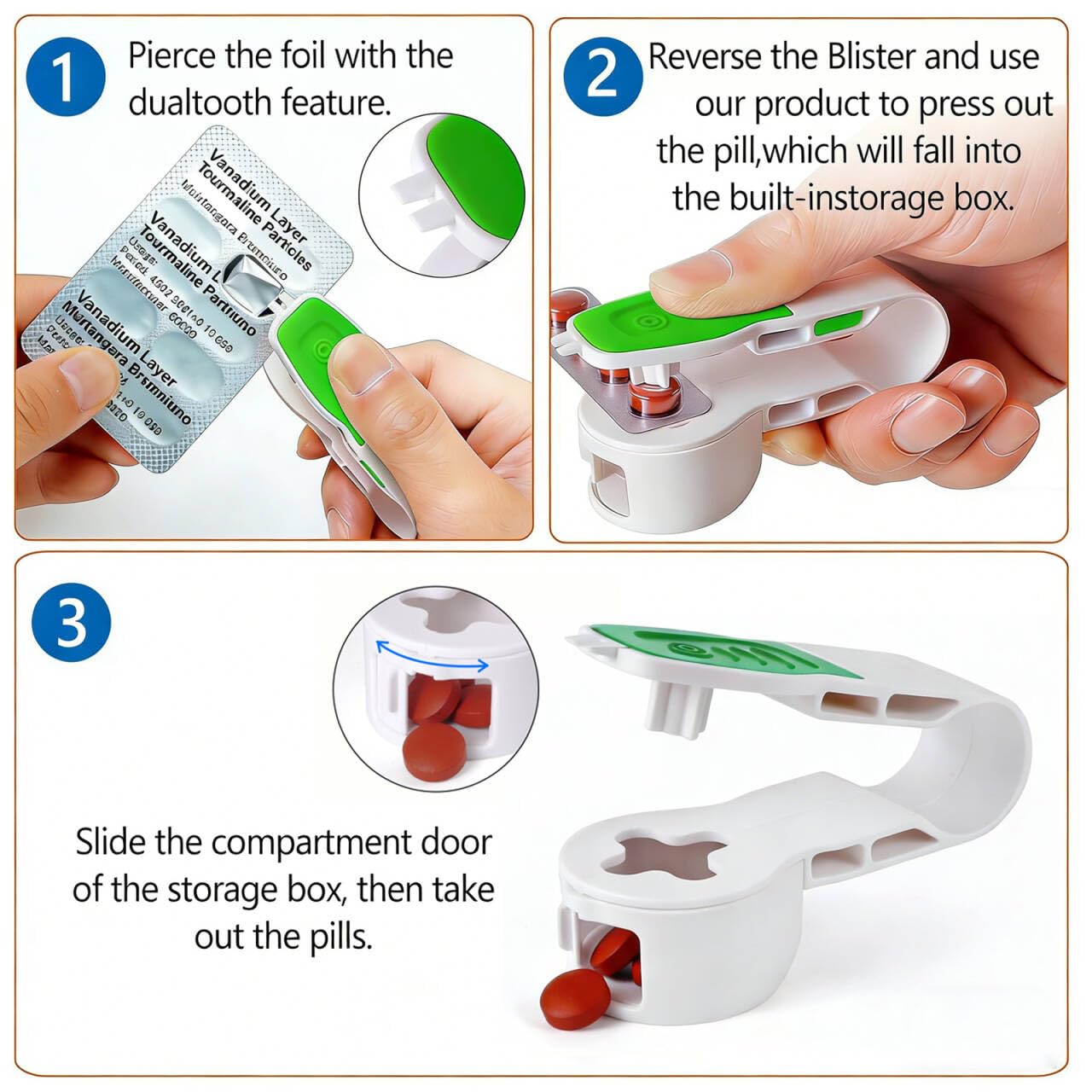 EK-Memory-Fish pill taker remover tool showing the built-in secure storage compartment catching a tablet