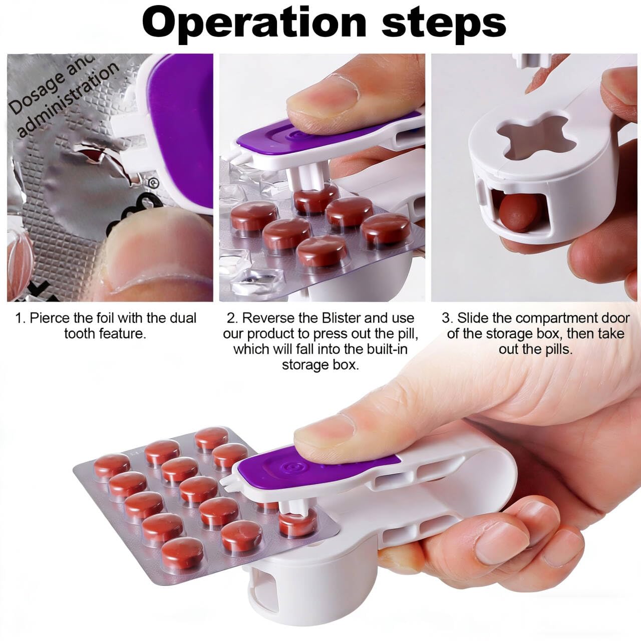 Compact lightweight blister pack pill puncher being placed effortlessly into a travel bag pocket