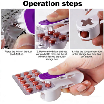 Compact lightweight blister pack pill puncher being placed effortlessly into a travel bag pocket