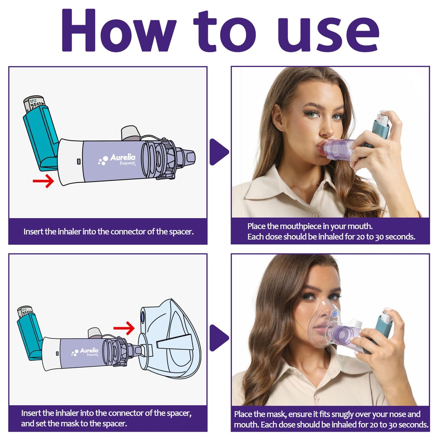 Side angle of the Aiyaya medical grade inhaler spacer showing universal adapter compatibility