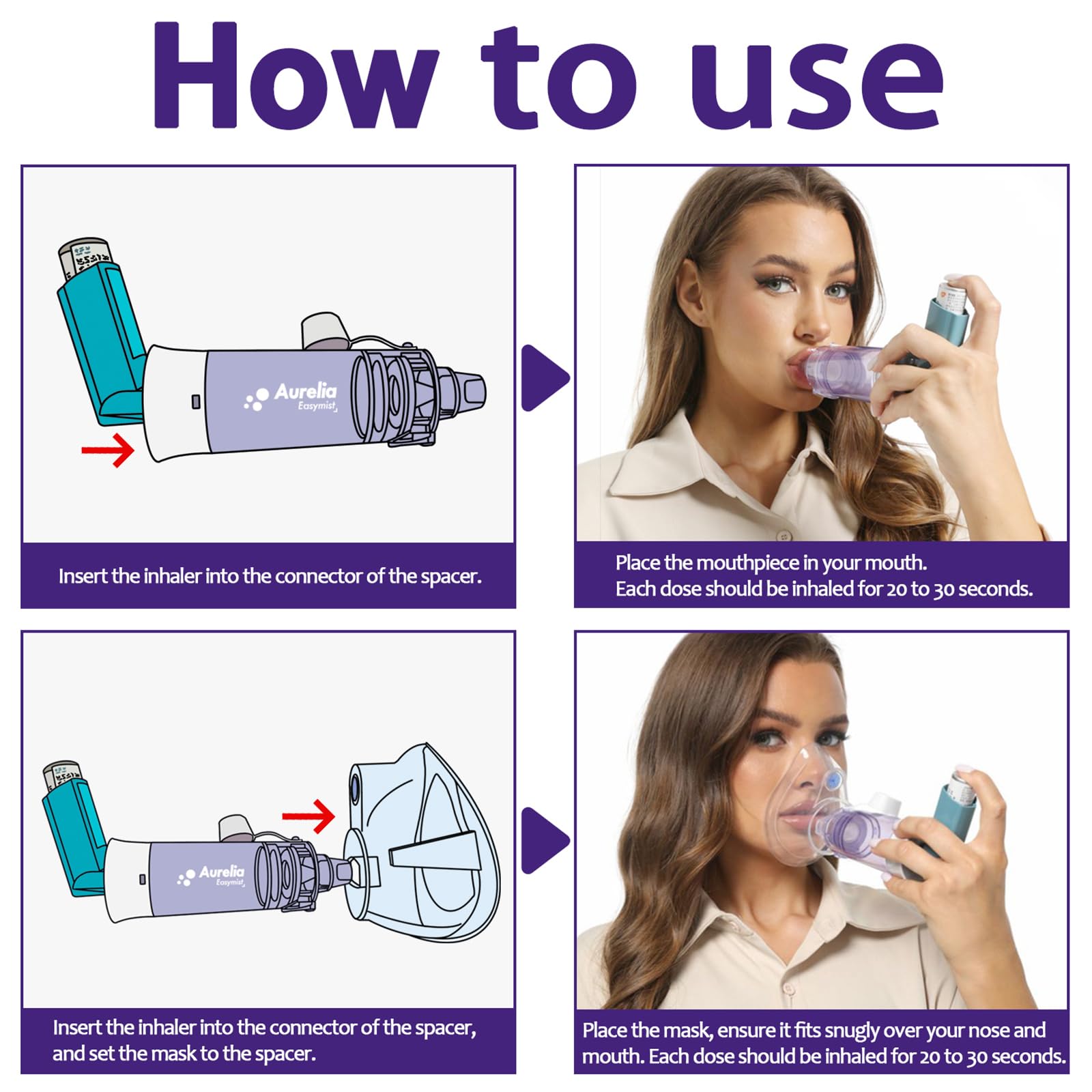 Side angle of the Aiyaya medical grade inhaler spacer showing universal adapter compatibility