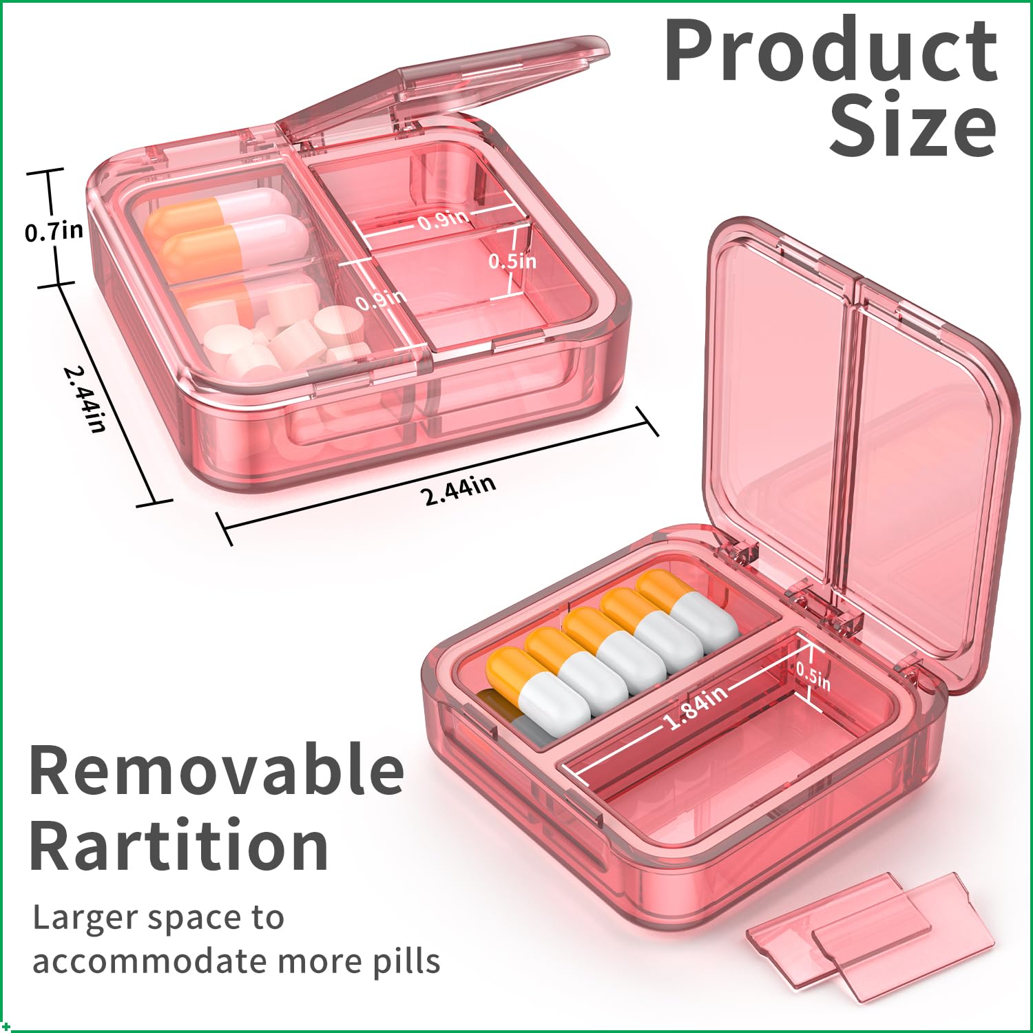 Portable four compartment medicine organizer open showing supplement storage space
