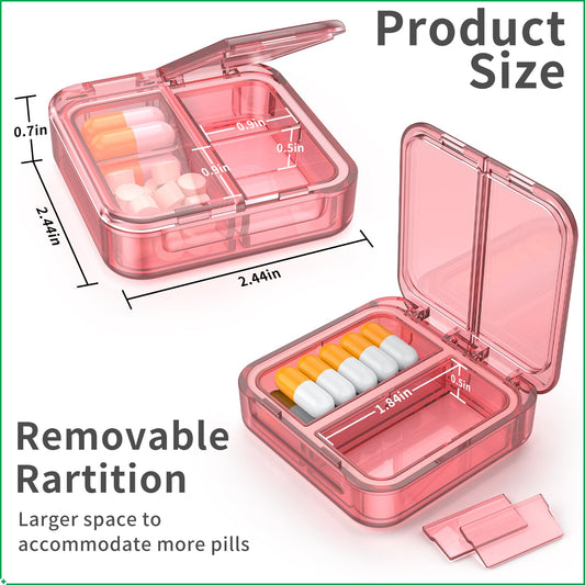 Portable four compartment medicine organizer open showing supplement storage space