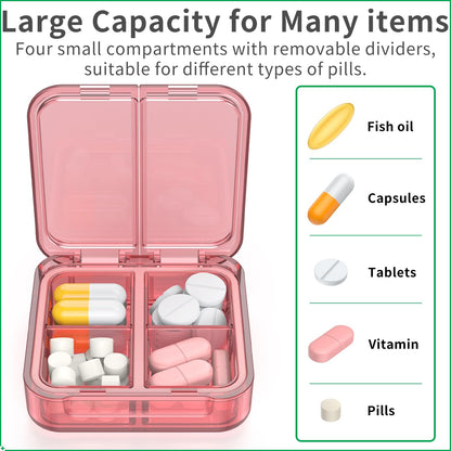 Mini compact pocket pill container held in hand demonstrating travel size