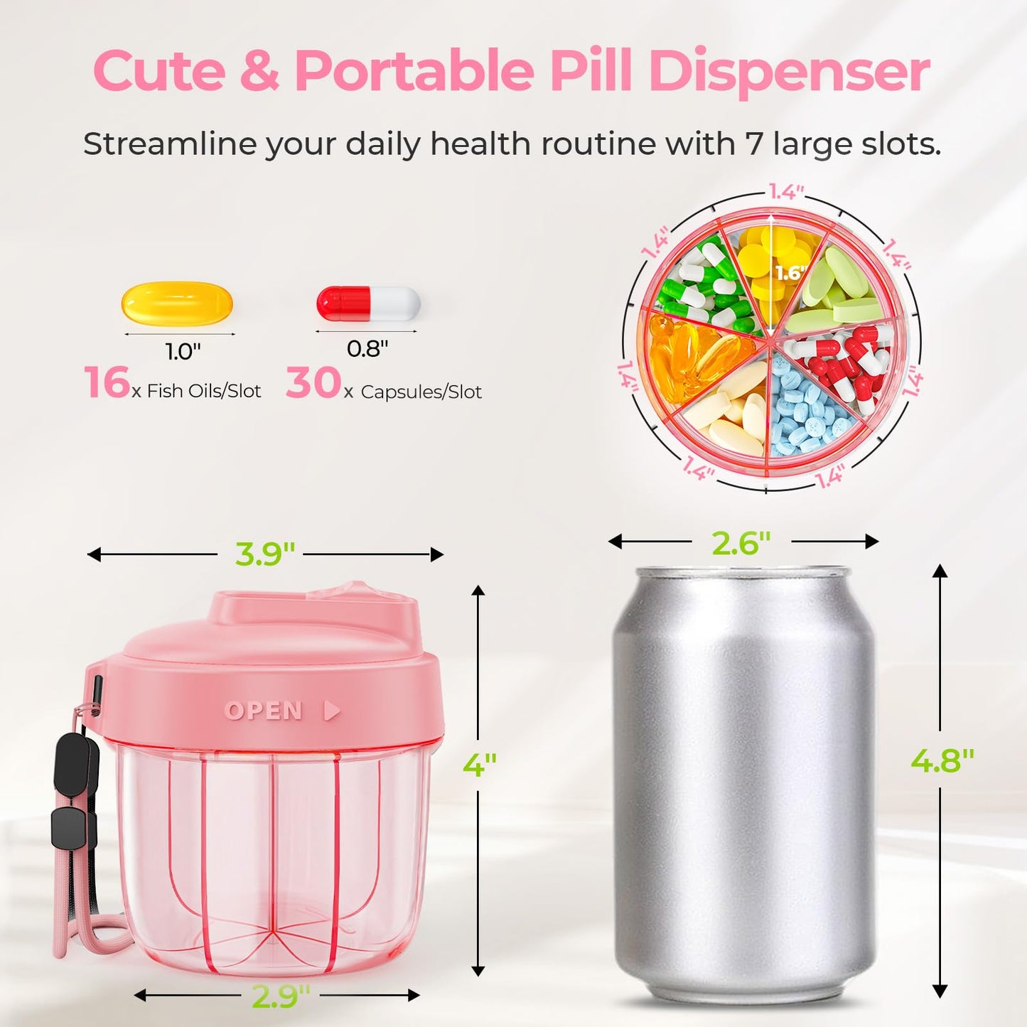 AUVON vitamin organizer bottle with pink anti-mix slider lid demonstrating easy arthritis-friendly pill dispensing