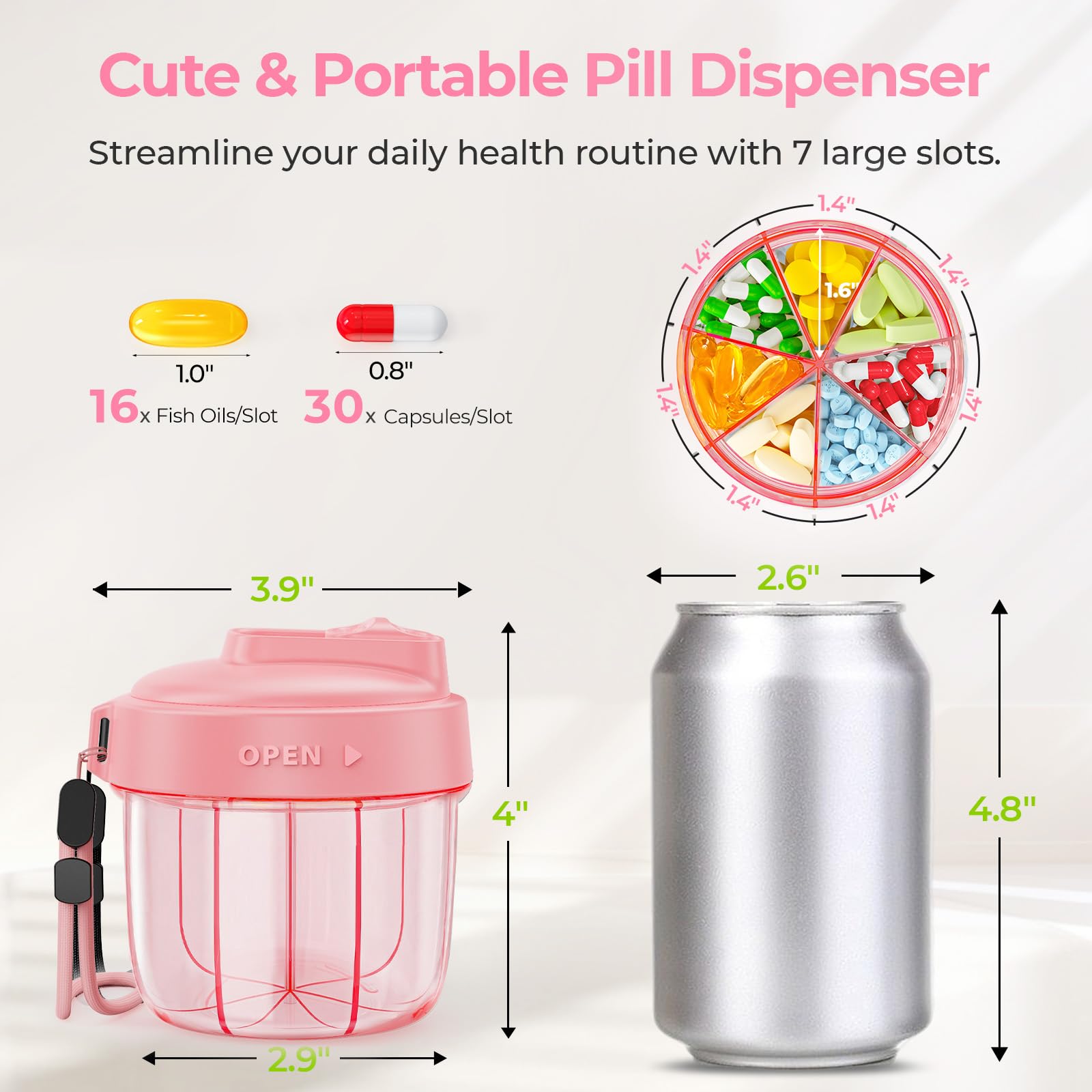AUVON vitamin organizer bottle with pink anti-mix slider lid demonstrating easy arthritis-friendly pill dispensing