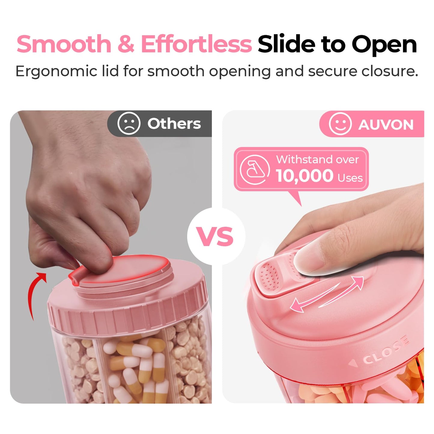 Close-up of the wide mouth opening on the AUVON travel pill container during supplement refilling