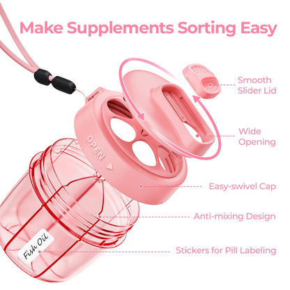 Durable BPA-free AUVON supplement dispenser with high-quality drawstring being carried for travel use