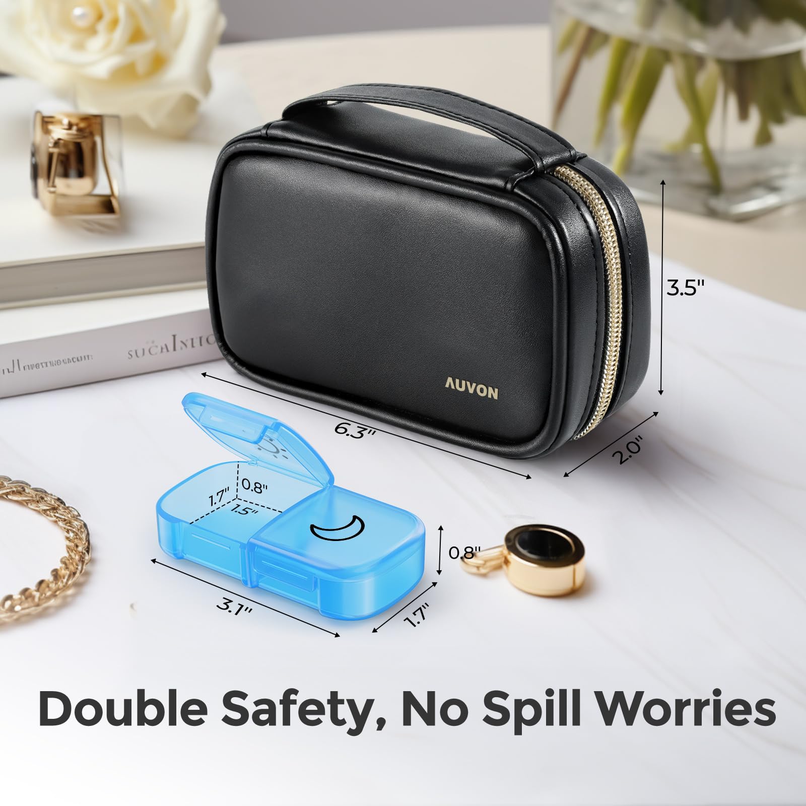 AUVON morning evening pill box open inside its protective travel bag showing seven translucent daily containers.