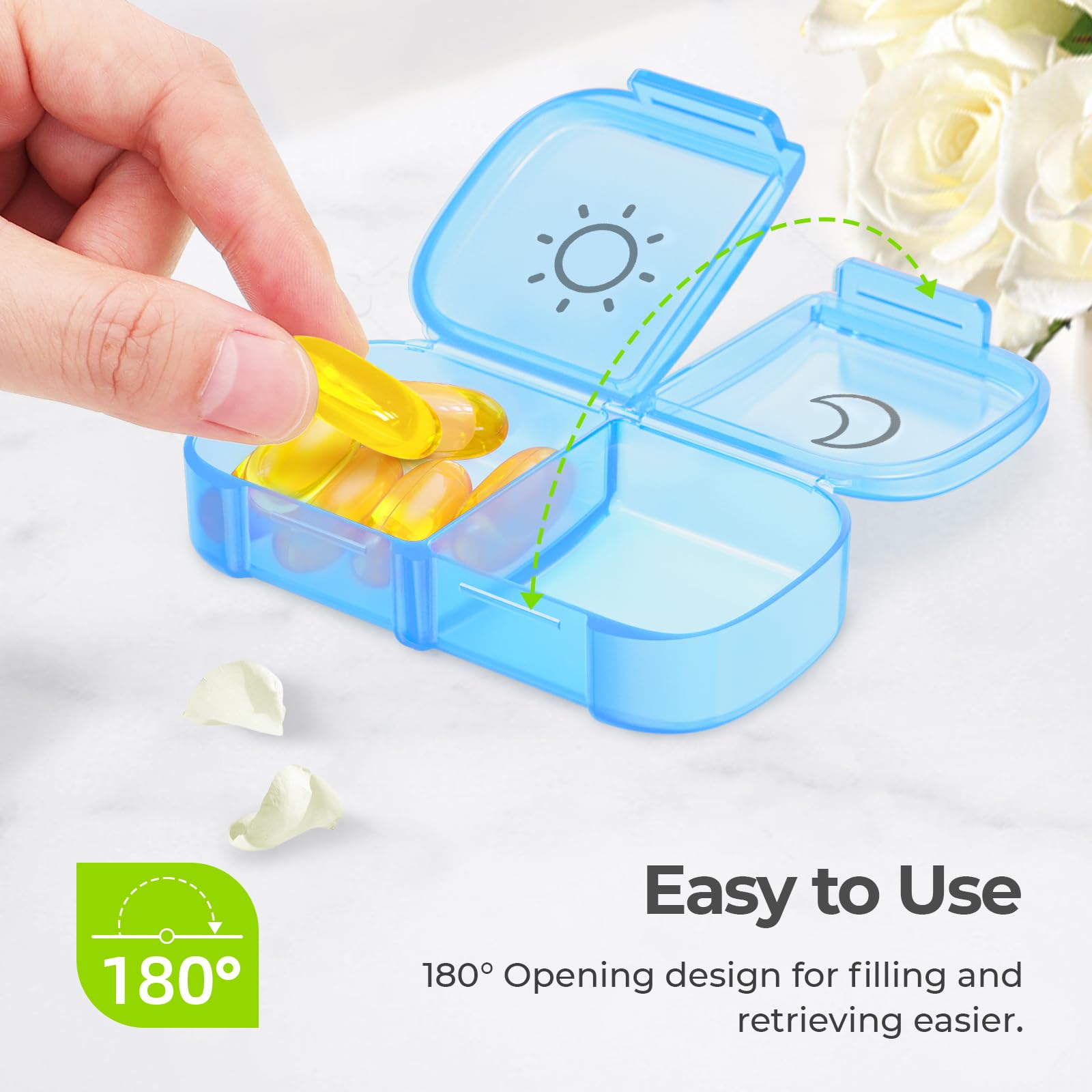 Detachable daily medication case from AUVON featuring separate morning and night slots for supplement tracking.