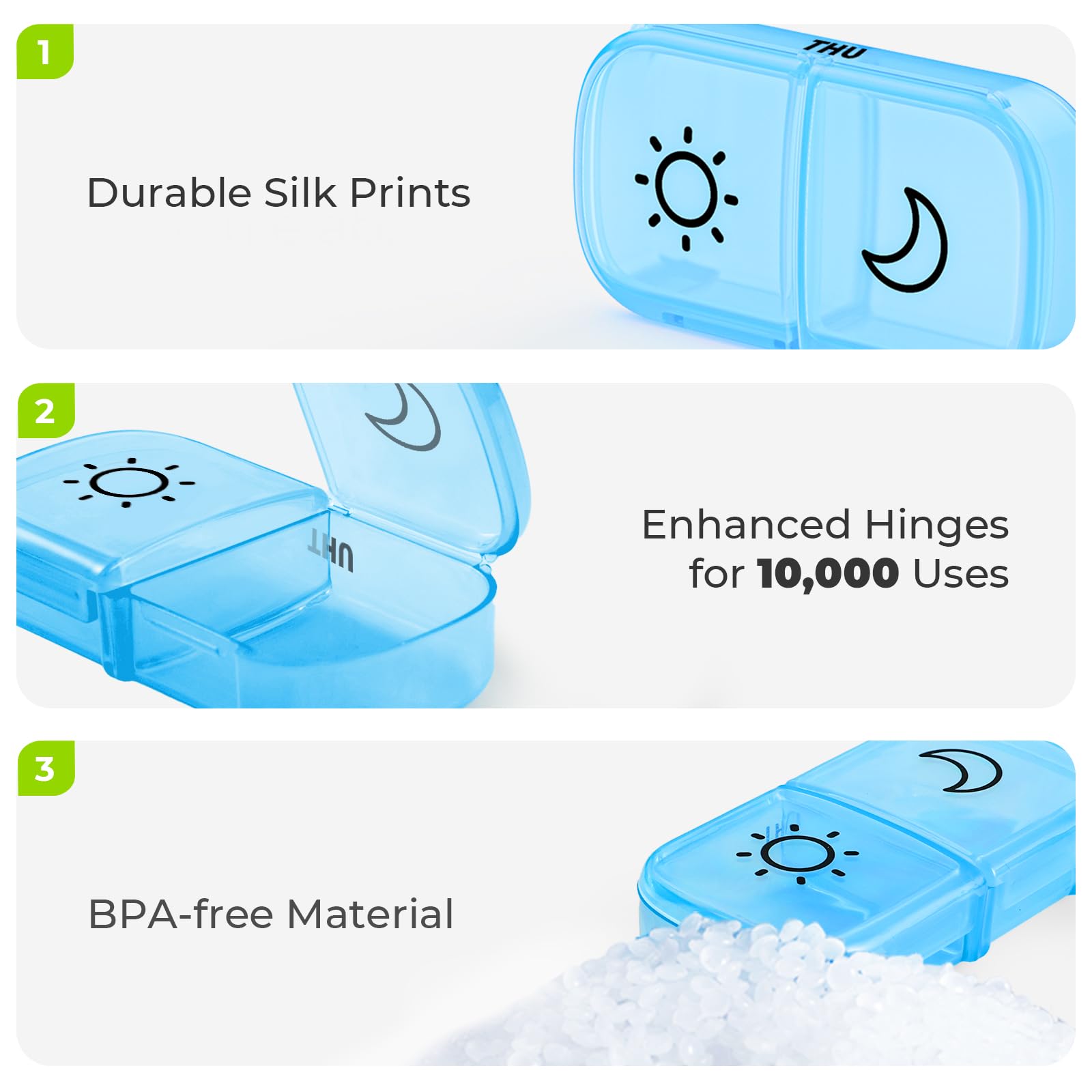 AUVON seven day portable medicine planner showing the durable snap shut clips that prevent pill spills.